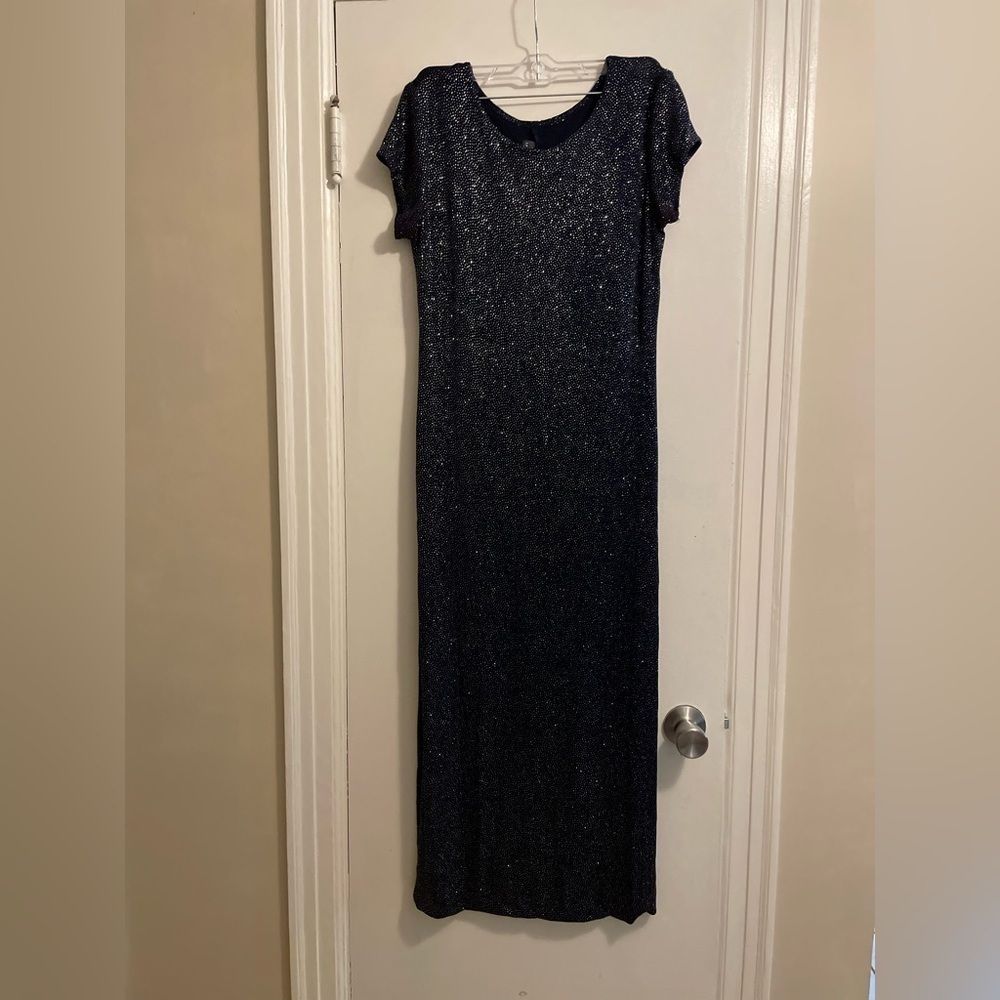 Vintage 90’s Huey Waltzer Saks 5th Avenue Navy Blue Sparkle Midi Dress Size 8